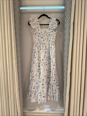 Smocked Ruffle-Strap Midi Dress in White with Blue Floral